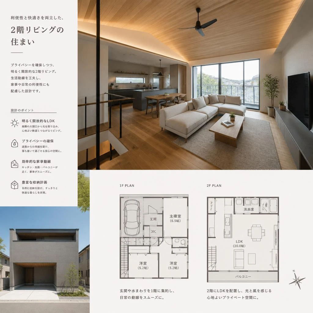 利便性と快適さを両立した、2階リビングの住宅設計